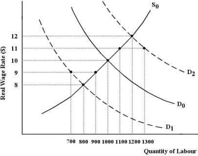 The labour market in the diagram below begins in equilibrium with a real wage of $10 and quantity employed of 1000.    FIGURE 30-1 -Refer to Figure 30-1.The economy begins with D0 and S0.Suppose there is a positive shock to the economy,which shifts the demand for labour curve to D2,and the wage rate rises to $11.The result is A) cyclical unemployment of 200 workers. B) excess supply of labour of 300 workers. C) excess demand for labour of 300 workers. D) excess supply of labour of 200 workers. E) excess demand for labour of 200 workers.