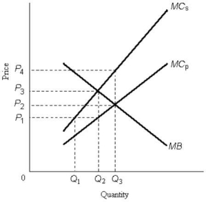 The figure below shows the marginal benefit to consumers,MB,the marginal cost to private firms,MCP,and the marginal cost to society,MCS,at each level of output of some good.    FIGURE 17-1 -Refer to Figure 17-1.The price that would occur in a competitive market in the absence of government intervention is A) P1. B) P2. C) P3. D) P4. E) not possible to know from the information given.