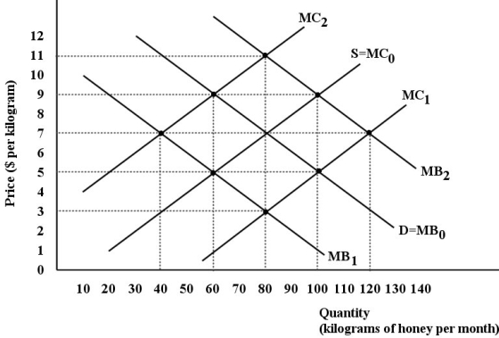 The diagram below shows the supply and demand diagrams for the competitive market for honey in one region.MC0 represents private marginal cost and MB0 represents private marginal benefit.    FIGURE 16-3 -Refer to Figure 16-3.Assume there are two types of firms in this region - beekeepers that produce honey and orchard keepers that produce peaches.The bees provide a benefit to the orchard keepers by pollinating their peach trees.If MB2 represents the social marginal benefit of honey,the external benefit associated with producing one unit of honey is A) $1. B) $2. C) $3. D) $4. E) $5.