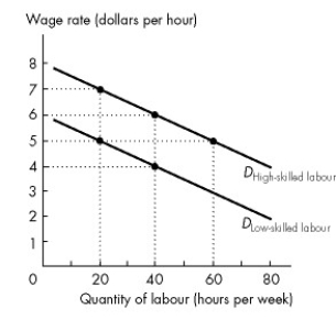 <strong>Use the figure below to answer the following questions.   Figure 19.3.2 Refer to Figure 19.3.2.At an employment level of 40 hours per week,the difference in the value of marginal product of high-skilled workers and low-skilled workers is</strong> A)$0. B)$2 an hour. C)$6 an hour. D)$4 an hour. E)$3 an hour. <div style=padding-top: 35px> 
