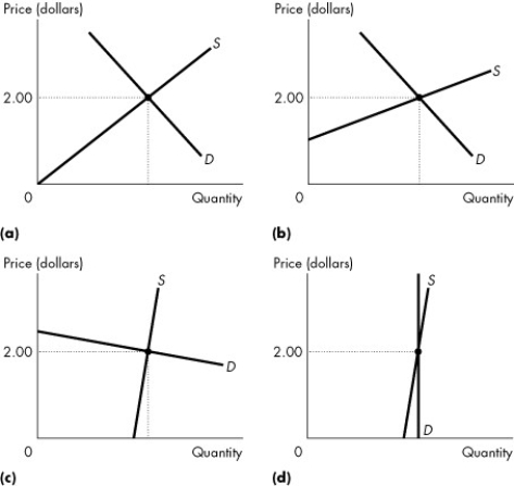 Use the figure below to answer the following questions.    Figure 6.3.3 -Refer to Figure 6.3.3.Suppose a tax of $1 is imposed.In which market would tax revenue be the lowest? A) (a)  B) (b)  C) (c)  D) (d)  E) all markets equally