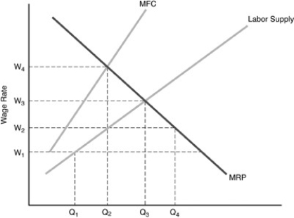    -In the above figure,what is the quantity of workers that would be hired by a monopsonist? A)   \mathrm { Q } _ { 1 }  B)   \mathrm { Q } _ { 2 }  C)   \mathrm { Q } _ { 3 }  D)   \mathrm { Q } _ { 4 }