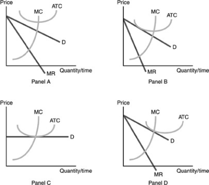   -Refer to the above figure.A long-run equilibrium in monopolistic competition is pictured by A) Panel A. B) Panel B. C) Panel C. D) Panel D.