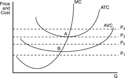   -In the above figure,if price is equal to P<sub>4</sub>,the firm will A) earn positive economic profits. B) incur an economic loss. C) earn zero economic profits. D) shut down.