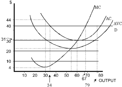 Consider the following diagram where a perfectly competitive firm faces a price of $40.   Figure 8.1 -Refer to Figure 8.1. The firm earns zero profit at what output? A)  0. B)  34 and 79. C)  54. D)  60. E)  67.