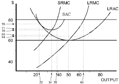   Figure 8.2 -Refer to Figure 8.2. At P = $80, how much is profit in the short run? A)  $88 B)  $306 C)  $351 D)  $1000 E)  $1024