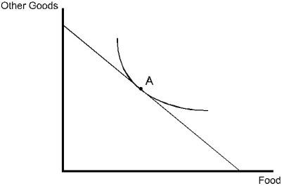 Lisa's budget line and her satisfaction maximizing market basket, A, are shown in the diagram below.    a. Suppose that Lisa is given $50 worth of coupons that must be spent on food. How will the coupons alter Lisa's budget line? b. Suppose that Lisa is given $50 in cash instead of $50 in coupons. How will this alter Lisa's budget line? c. Is Lisa indifferent between the food coupon and cash program, or does she prefer one program over the other? Draw an indifference curve to illustrate your answer.