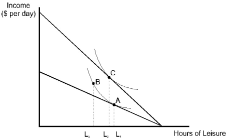   Figure 14.1 A consumer's original utility maximizing combination of income and leisure is shown in the diagram above as point A. After a wage increase, the consumer's utility maximizing combination changes to point C. -Refer to Figure 14.1. The substitution effect of the wage increase on the amount of hours of leisure is: A)  L<sub>1</sub> to L<sub>0 </sub> B)  L<sub>1</sub> to L<sub>2</sub>. C)  L<sub>0</sub> to L<sub>2</sub>. D)  L<sub>0</sub> to L<sub>1</sub>. E)  none of the above