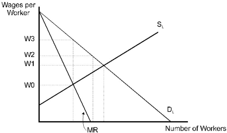   Figure 14.3 A labor union is exercising monopoly power in the labor market. -Refer to Figure 14.3. To maximize the number of workers hired, the labor union will agree to wage rate: A)  W<sub>0</sub>. B)  W<sub>1</sub>. C)  W<sub>2</sub>. D)  W<sub>3</sub>. E)  none of the above