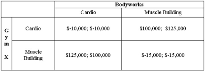 Gym X and Bodyworks are both going to open an exercise facility in the local market. Each company may decide to open a facility concentrating on cardio equipment for customers interested in mostly aerobic workouts. Another alternative for each company is to open a facility concentrating on muscle building equipment for customers interested mostly in bodybuilding workouts. The pay-off matrix for each company dependent upon their strategies and that of their competitor is given below.    Does either player have a dominant strategy? Does the game have any Nash equilibria? What is the maximin strategy of each player in the game?