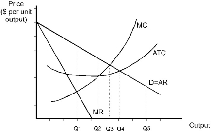 For the monopolist shown below, the profit maximizing level of output is:   A)  Q1. B)  Q2. C)  Q3. D)  Q4. E)  Q5.