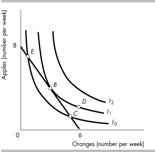   -The figure illustrates Sally's budget line and her preferences. At point(s)  ________, the marginal rate of substitution is equal to the relative price. A)  B B)  B, C, and E C)  D D)  E and C