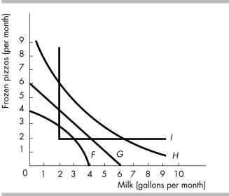   -In the above figure, which curve is an indifference curve for someone who views frozen pizzas and milk as perfect complements? A)  indifference curve F B)  indifference curve G C)  indifference curve H D)  indifference curve I