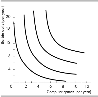   -Nadya spends $200 a year to buy computer games and Barbie dolls. The price of a computer game is $20 and the price of a Barbie doll is $10. The figure above illustrates Nadya's preferences. What combination of computer games and Barbie dolls does Nadya buy?