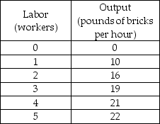   -The table above shows the number of pounds of bricks that can be produced by the Red Brick Company as the number of workers hired increases. The brick market is perfectly competitive and each pound of bricks sells for $20. The labor market is competitive and the wage rate is $30 an hour. When the Red Brick Company maximizes its profit, it produces ________ bricks an hour. A)  19 B)  21 C)  22 D)  10
