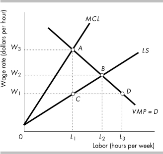   -In the above figure, what would be the wage paid and quantity of labor employed under competitive market conditions compared to monopsony conditions? A)  W<sub>1</sub> and L<sub>1</sub> with competition versus W<sub>2</sub> and L<sub>2</sub> with monopsony B)  W<sub>2</sub> and L<sub>2</sub> with competition versus W<sub>1</sub> and L<sub>1</sub> with monopsony C)  W<sub>2</sub> and L<sub>2</sub> with competition versus W<sub>3</sub> and L<sub>1</sub> with monopsony D)  W<sub>3</sub> and L<sub>3</sub> with competition versus W<sub>3</sub> and L<sub>1</sub> with monopsony