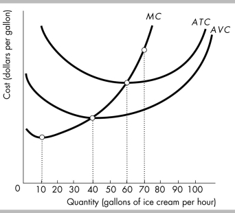   -Some of the cost curves for Ike's Ice Cream Kitchen are given in the above figure. At which of the following levels of output will AFC be the lowest? A)  at 0 gallons B)  at 10 gallons C)  at 40 gallons D)  at 70 gallons