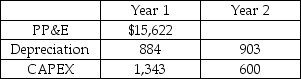 The Film Shoppe is a video rental and retail chain.The Shoppe is forecasting its financial statements for Year 2.Selected financial information for Years 1 and 2 is provided in the table.In Year 2 The Shoppe is planning to invest $600 million in CAPEX and forecasted depreciation is $903 million.What is Net Property,Plant and Equipment in Year 2? Selected Financial Information The Film Shoppe Inc.($ millions)    A)  $15,116 B)  $15,319 C)  $15,419 D)  $15,519 E)  $16,222