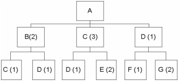 Consider the following product structure.   If the demand for product A is 50 units,how many units of component E will be needed? A) 4 B) 100 C) 200 D) 250 E) 300