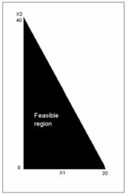 The feasible region in the diagram below is consistent with which one of the following constraints?   A) 8X1 + 4X2 ≥ 160 B) 4X1 + 8X2 ≤ 160 C) 8X1 - 4X2 ≤ 160 D) 8X1 + 4X2 ≤ 160 E) 4X1 - 8X2 ≤ 160