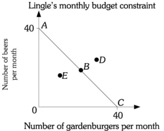 Refer to the information provided in Figure 6.2 below to answer the question(s)  that follow.   Figure 6.2 -Refer to Figure 6.2. Along budget constraint AC, the opportunity cost of one beer is A)  1/4 of a gardenburger. B)  1 gardenburger. C)  2 gardenburgers. D)  changing as Mr. Lingle moves down his budget constraint.