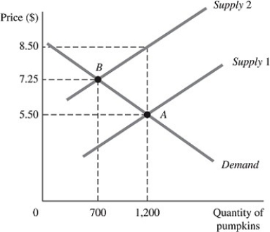 Refer to the information provided in Figure 5.7 below to answer the question(s)  that follow.   Figure 5.7 The above figure represents the market for pumpkins both before and after the imposition of an excise tax, which is represented by the shift of the supply curve. -Refer to Figure 5.7. The amount customers will pay per pumpkin after the imposition of the tax is A)  $1.75. B)  $3.00. C)  $4.25. D)  $7.25.