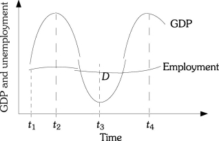 Refer to the information provided in Figure 30.2 below to answer the question(s)  that follow.   Figure 30.2 -Refer to Figure 30.2. Labor productivity at time t<sub>2</sub> is A)  larger than labor productivity at time t<sub>1</sub>. B)  less than labor productivity at time t<sub>4</sub>. C)  less than labor productivity at time t<sub>3</sub>. D)  larger than labor productivity at time t<sub>1</sub>, but less than labor productivity at time t<sub>3</sub>.