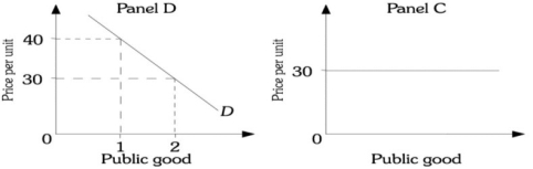 Refer to the information provided in Figure 16.6 below to answer the question(s)  that follow.       Figure 16.6 -Refer to Figure 16.6. In the top portion of the figure are the demand curves of two people in this society for a public good. Which of the panels represents the market demand curve for the public good? A)  Panel A B)  Panel B C)  Panel C D)  Panel D