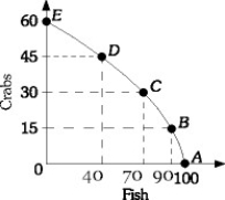 Refer to the information provided in Scenario 1 below to answer the following questions. SCENARIO 1: Consider the following data for the harvest of crabs versus the harvest of fish off the coast of Virginia in answering the following questions.    -Refer to Scenario 1. Graph the production possibilities frontier and calculate the average opportunity cost of any of the first fifteen crabs produced.    The opportunity cost of the first fifteen crabs is of course the 10 fish given up (15C = 10F). Therefore, the opportunity cost of any one crab is 10/15 F or 2/3 of a fish.