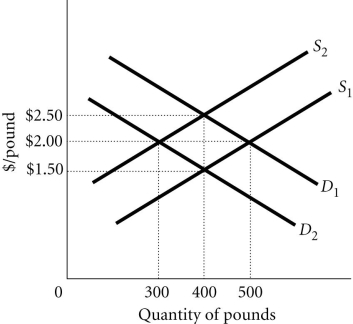 Refer to the information provided in Figure 19.4 below to answer the questions that follow.   Figure 19.4 -Refer to Figure 19.4. If the demand and supply of pounds are D<sub>1</sub> and S<sub>1</sub>, the equilibrium is A)  $2.50 per pound and the quantity is 400 pounds. B)  $2.00 per pound and the quantity is 500 pounds. C)  2 pounds per $ and the quantity is 500 pounds. D)  $1.50 per pound and the quantity is 300 pounds.