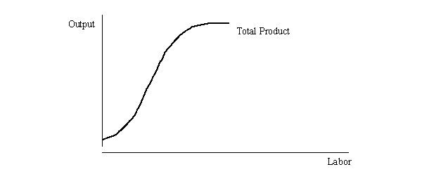 On the figure below, indicate the level of labor where diminishing returns set in.  