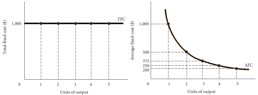 Assume that fixed costs for a firm are $1,000. Draw a graph for the fixed cost of this firm accompanied by a graph of the average fixed cost. Explain the shape of the average fixed cost graph.  <div style=padding-top: 35px> 