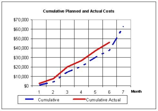 You are the new consultant to the project manager for a large chicken project. During your first meeting with the project manager he brings you up to speed on the project status by showing you these S-curves. You glance at the graph, compose your thoughts, and make what comments on this project?  