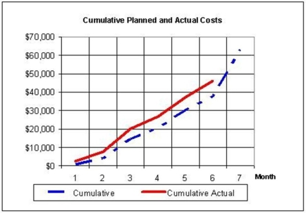 You are the new consultant to the project manager for a large chicken project.During your first meeting with the project manager he brings you up to speed on the project status by showing you these S-curves.You glance at the graph,compose your thoughts,and make what comments on this project?  