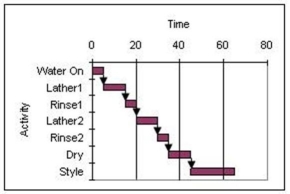 Consider the Gantt chart shown below where the time scale is in minutes and all activities are performed on an early start basis.How much slack is available in The Great Hair Washing project?   A) 10 minutes B) 15 minutes C) 0 minutes D) 5 minutes
