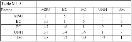 Table M1-3   -The normalized matrix for Table M1-3 is: A)    B)    C)    D)    E) None of the above