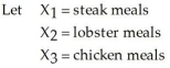 A cruise line is planning its menu for the next trip.Vacationers like eating steak,lobster,and chicken.The cruise line has decided to plan for at least half of all booked passengers to have a steak dinner,for at least a quarter of all passengers to have lobster,and the rest to have chicken.Steak dinners cost the company $8,lobsters cost $15,and chicken costs the line $4.On the next cruise,there are 400 passengers booked.In addition,the cruise line has decided to plan for an additional 25% more meals than bookings.Formulate the appropriate linear program.  
