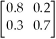 The vector of state probabilities for period n is (0.4,0.6).The accompanying matrix of transition probabilities is:   Calculate the vector of state probabilities for period n+1.