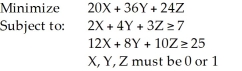 Consider the following 0-1 integer programming problem:   If we wish to add the constraint that no more than two of these variables must be positive, how would this be written? A)  2X + 2Y + 2Z ≤ 3 B)  X + Y + Z ≤ 2 C)  X ≤ 2, and Y ≤ 2, and Z ≤ 2 D)  X, Y, Z ≤ 2 E)  None of the above