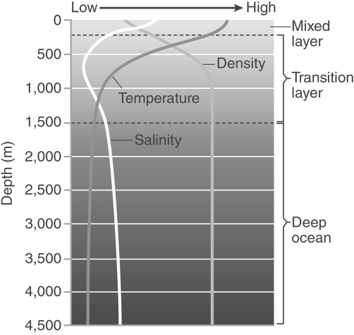   -Which of the following can be inferred from the information in the figure? A)  Salinity closely relates to water temperature. B)  Water pressure affects both salinity and water temperature. C)  Cold water is denser than warm water. D)  Light can penetrate oceans to a depth of only 1500m.