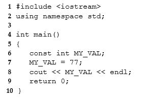 Which line in the following program will cause a compiler error?   A) 6 B) 8 C) 9 D) 7