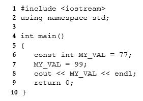 Which line in the following program will cause a compiler error?   A) 6 B) 8 C) 9 D) 7