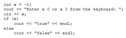 What will be the output of the following code segment after the user enters 0 at the keyboard?   A) Nothing will be displayed. B) false C) x D) true