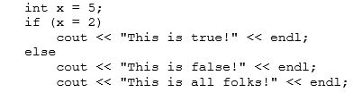 What is the output of the following code segment?   A) This is true! B) This is false! C) This is true! This is false! D) This is true! This is all folks! E) None of these