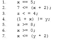 <strong>Assuming x is 5, y is 6, and z is 8, which of the following is false? </strong> A)3, 4, 6, 7 are false. B)Only 5 is false. C)3 and 4 are false. D)All are false. E)None of these.
