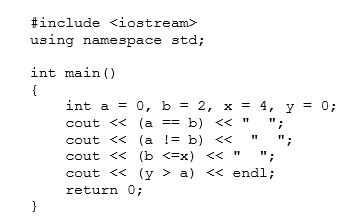 What will the following program display?   A) 0 1 1 0 B) 0 0 1 0 C) 1 1 0 1 D) 1 0 0 1 E) None of these