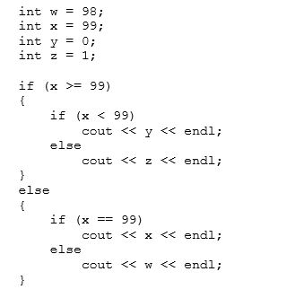 What is the output of the following code?   A) 98 B) 99 C) 0 D) 1