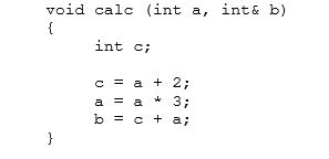 Given the following function definition:   What is the output of the following code fragment that invokes calc?   A) 1 2 3 B) 1 6 3 C) 3 6 3 D) 1 14 9 E) None of these
