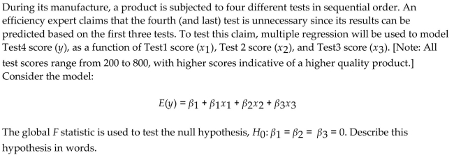 <strong> </strong> A) The model is statistically useful for predicting Test4 score. B) The model is not statistically useful for predicting Test4 score. C) The first three test scores are reliable predictors of Test4 score. D) The first three test scores are poor predictors of Test4 score.