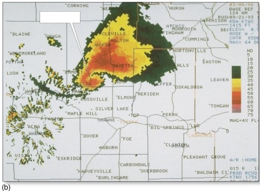 A common Doppler radar signature associated with a supercell tornado is the   A) gust front. B) hook echo. C) shelf cloud. D) roll cloud.